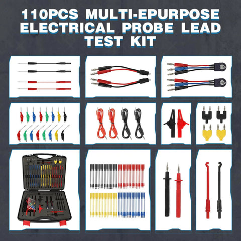 110 Piece Automotive Test Lead Kit With Back Probes, Piercing Clips, Alligator Clips, LED Probes, 72 Terminal Adapters shown in case
