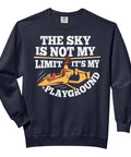 Gyroplane Gyrocopter Pilot Quote Sweatshirt For Autogyro Lovers The Sky Is Not My Limit Its Playground Graphic For Gyrocopter Fans Adult Sweatshirt Gift featuring gyrocopter image and text "The Sky is Not My Limit It's My Playground" in white on black cotton sweatshirt.