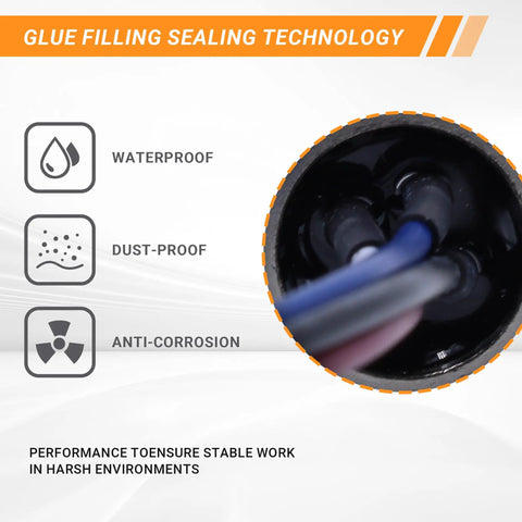 Close-up of M12 4 Pin Aviation Connector Cable showcasing waterproof, dust-proof, anti-corrosion features with glue filling technology.