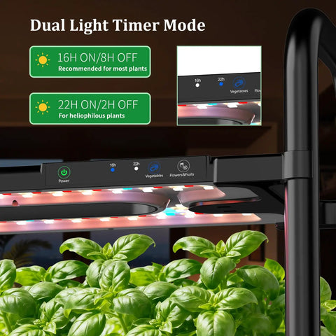 Two-Tier Vertical Hydroponics Garden Kit With 32 Pods And 32 Large Buckets 32L Indoor System showing dual light modes