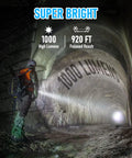 Person using Tactical Flashlight With Holster And Charger, 1000 Lumen LED Duty Light, in tunnel with beam illuminating wall.