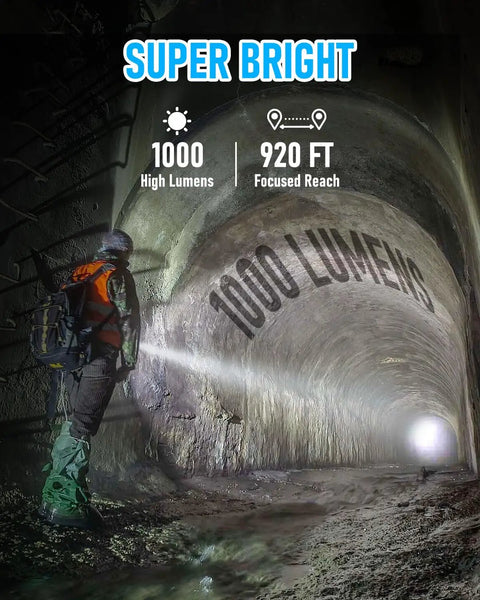 Person using Tactical Flashlight With Holster And Charger, 1000 Lumen LED Duty Light, in tunnel with beam illuminating wall.