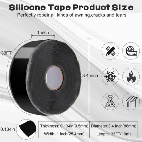 DIY Friendly Self Fusing Silicone Tape Rescue Tape Amalgamating Tape For Plumbing And Sealing Pipes Hose Repair And Electrical Cables One Inch By Thirty Three Feet Black, product shown in front view with size details.