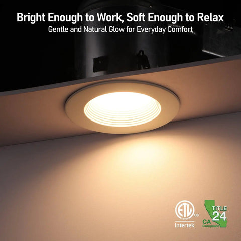 TORCHSTAR 4-Pack 6CCT 6 Inch LED Recessed Lighting Retrofit, Dim to Warm ceiling light emitting a soft warm glow.