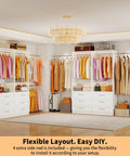 Roomy Walk In Closet Organizer System With Twelve Sturdy Drawers And Open Shelving Units, Freestanding Modular Wardrobe Rack in a bright bedroom layout.