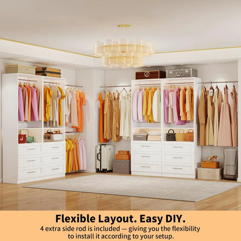 Roomy Walk In Closet Organizer System With Twelve Sturdy Drawers And Open Shelving Units, Freestanding Modular Wardrobe Rack in a bright bedroom layout.