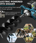 Cordless Earth Auger With Brushless Motor For Effortless No Cords Post Hole Digging and Drilling, showing auger and drill bit.