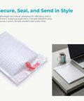 White Bubble Mailers 30 Pack 6x8 Inch Padded Envelopes For Small Biz Shipping, shown on desk with laptop and coffee