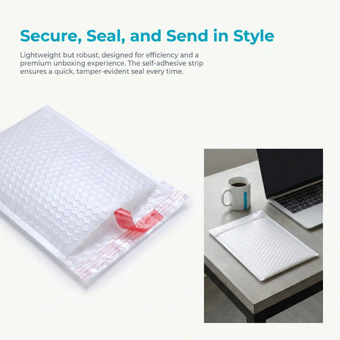 White Bubble Mailers 30 Pack 6x8 Inch Padded Envelopes For Small Biz Shipping, shown on desk with laptop and coffee