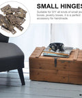 Small Iron Hidden Hinges Pack For Jewelry Boxes Bird Houses And Small Drawers shown with wooden chest and accessories