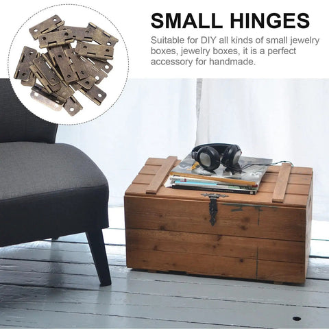 Small Iron Hidden Hinges Pack For Jewelry Boxes Bird Houses And Small Drawers shown with wooden chest and accessories