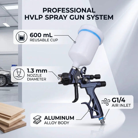 Top Shelf Hvlp Spray Setup With 1.3Mm Nozzle And Six Hundred Ml Reusable Paint Cup Geared Toward Auto Bodywork And Furniture Makeovers. Compact aluminum spray gun with 600ml cup.