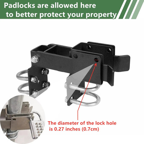 Tough As Nails Double Gate Latch Fits 1-1/4 Inch Chain Link Posts With Heavy Duty Strong Arm And Lock Down Padlock Holes Ready For Ranch Farm Or Backyard Gates In Matte Black with visible padlock hole and hardware.