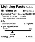 Lighting facts label for Soft White LED Appliance Light Bulb For Refrigerator And Over Microwave Hood Stove Replacement A15 120V E26 Medium Base 500 Lumen 5W Non Dimmable 3000K Warm White Incandescent Replacement Pack Of 2, showing 500 lumens, cost, life span, and energy use.