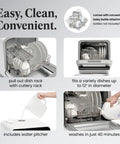 Portable Compact Countertop Dishwasher With Built In Five Liter Water Tank Plug And Play Quick Cycles Renters Approved For Tiny Apartments Rv Camper Dorm Spaces Cleans Plates Glasses And Baby Bottles No Sweat with pull-out dish rack and water pitcher.