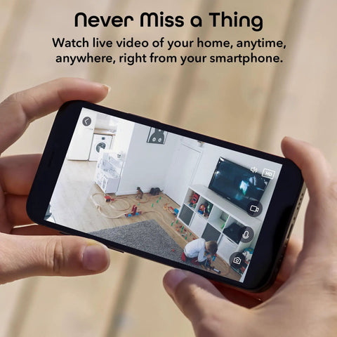 Person viewing live feed from Glimpse Indoor Security Cam, 1080p HD Video, Two Way Audio, on a smartphone, showing child's play area.