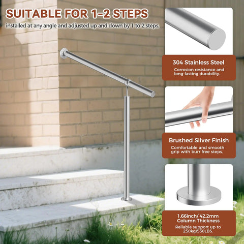 Rock Solid Stainless Steel Handrail For Outdoor Steps Featuring Adjustable Angles And Heavy Duty Build Delivering No Sweat Installation And Built Tough Security For Porches And Driveways mounted on 1-2 steps at an angle.