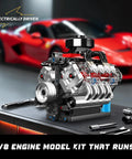 Mini V8 Engine Model Kit That Actually Runs on display with tools and red sports car background