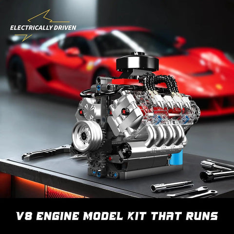 Mini V8 Engine Model Kit That Actually Runs on display with tools and red sports car background