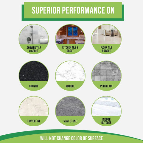 Performance areas of Pro Grade Grout Sealer With Odorless Zero VOC Breathe Easy Stain Block Tech for various surfaces.