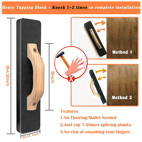 Beefy Pro Grade 4 In 1 Laminate And Vinyl Flooring Installation Kit with Heavy Tapping Block demonstration and dimensions shown