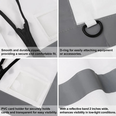 White High Visibility Safety Vest With Five Handy Pockets And Hella Bright Two Inch Reflective Strips Ultra Light Breathable Build Designed For Crew Leaders And Daily Site Rounds Large showing smooth zipper, D-ring, and PVC card holder.