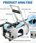 No Fuss Semi Automatic Round Bottle Labeler With Ergonomic Push Lever features labeling handle, rollers, and aluminum body for efficient labeling.