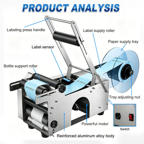 No Fuss Semi Automatic Round Bottle Labeler With Ergonomic Push Lever features labeling handle, rollers, and aluminum body for efficient labeling.