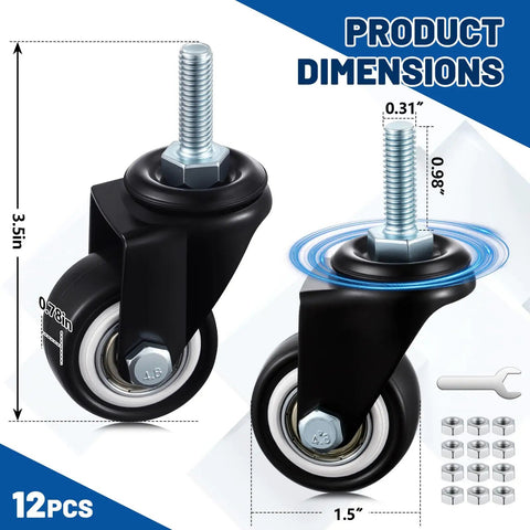12 Pack 1.5 Inch Swivel Caster Wheels PU Pro Grade Threaded Stem 360 Degree Spin Heavy Duty 330 Lb Load Limit For Hand Carts dimensions shown