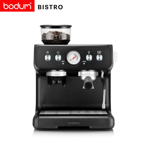 Premium Game Changer Electric Espresso Machine With Integrated Stainless Steel Burr Grinder And High Pressure Milk Frother Steam Wand For Straight Up Barista Style Brewing At Home In Classic Black, featuring a grinder and analog gauge.