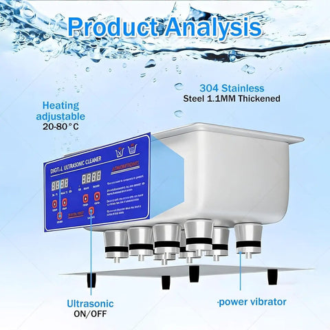 Product analysis of 10L Professional Ultrasonic Cleaner With Tank, 304 stainless steel, adjustable heater 20-80°C.
