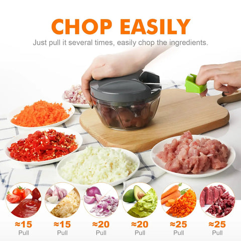 Portable Manual Food Chopper For Veggies And Fruits Handy Hand Pull String Cutter Onion Garlic Mincer 500ml in use