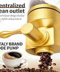 Wall Mounted Coffee Bean Dispenser With Airtight Cap Keeps Your Daily Stash Locked And Loaded For Quick Morning Drips Using Clear Acrylic Jar And Sharp Silver Screw Top Lid For Zero Hassle Kitchen Setup, showing golden outlet and coffee cup.
