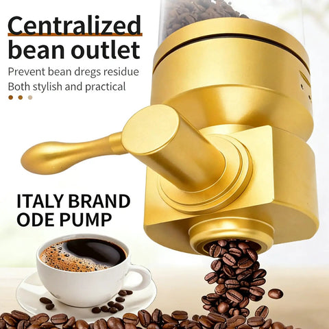 Wall Mounted Coffee Bean Dispenser With Airtight Cap Keeps Your Daily Stash Locked And Loaded For Quick Morning Drips Using Clear Acrylic Jar And Sharp Silver Screw Top Lid For Zero Hassle Kitchen Setup, showing golden outlet and coffee cup.