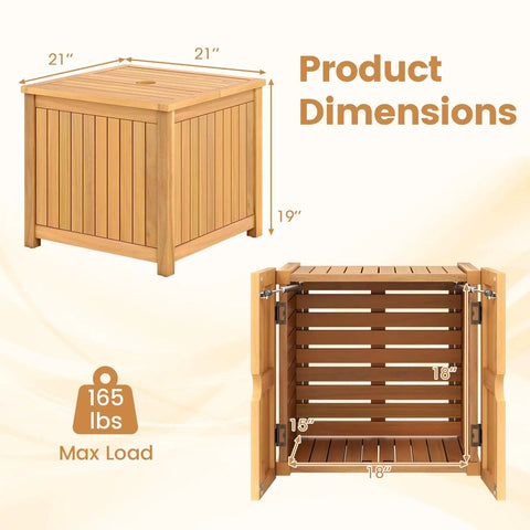 Dimensional diagram of 2 In 1 Outdoor Side Table With Storage In Acacia Wood Slatted Design With Umbrella Hole And Removable Base Square End Storage Box For Backyard And Poolside Built To Last And Totally Chill, showing inner and outer measurements.