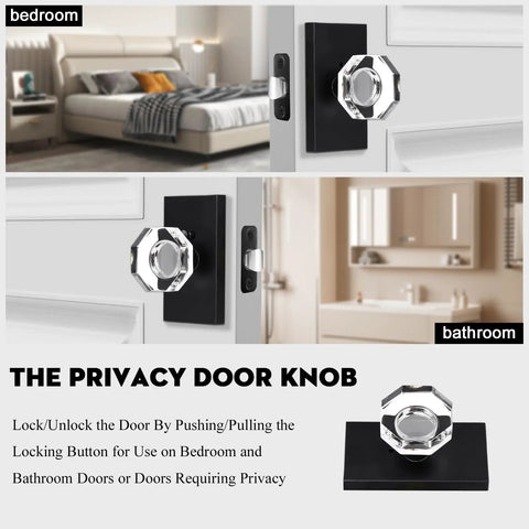Matte Black Clear Glass Crystal Door Knobs With Privacy Lock For Bedroom And Bathroom installation example