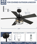48 Inch Dope Industrial Black Farmhouse Ceiling Fan With Glass Shade, Reversible Matte Black And Wood Blades, Ultra Quiet Remote