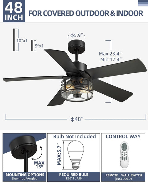 48 Inch Dope Industrial Black Farmhouse Ceiling Fan With Glass Shade, Reversible Matte Black And Wood Blades, Ultra Quiet Remote