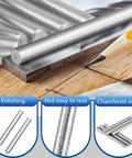 Top Shelf 6 Pack 3/8 X 4 Inch Stainless Steel Dowel Pins Heavy Duty Bunk Bed Replacement Hardware on wood with pencil.