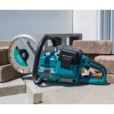 Straight Up Beast Mode 9 Inch Cordless Power Cutter With Brushless Motor on concrete blocks, ideal for renovation and demolition.