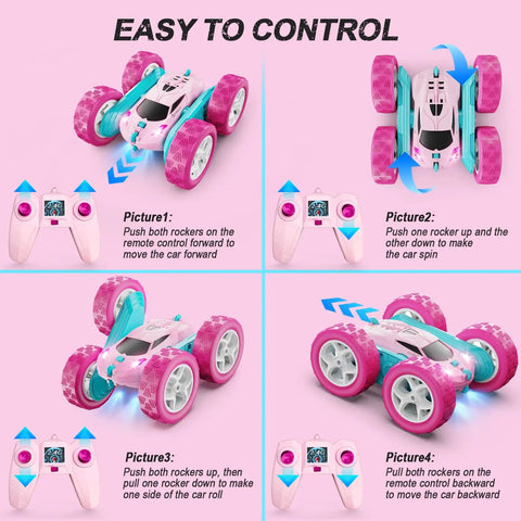 Illustration of Pink Remote Control Car For Girls, 2.4GHz Dual Sided Stunt RC Car With 360 Degree Rotating Wheels And Headlights