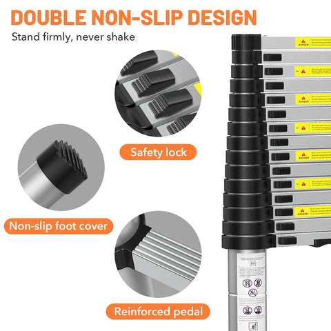 Ten And A Half Foot One Button Retraction Telescoping Ladder Aluminum Lightweight Bombproof Go To Portable Extension Ladder With Non Slip Foldable Feet For RV Outdoor Use 330 Lb Capacity showing safety lock and non-slip features