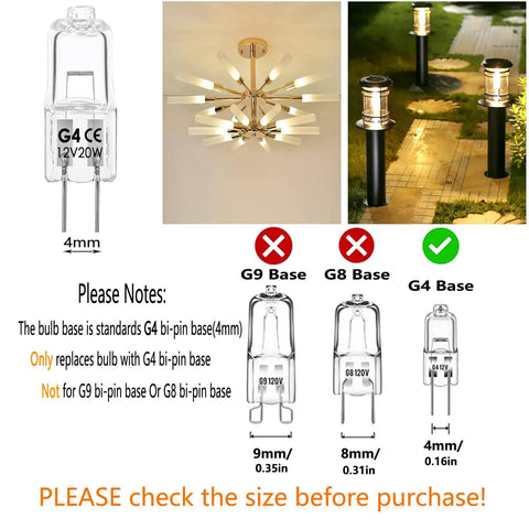 G4 Halogen Bulbs 12V 20W Dimmable Warm White 2700K JC Type 2 Pin G4 Base with usage examples in chandeliers and garden lights.