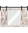 Front view of Farmhouse Barn Door Mirror With Rustic Wood Frame 37 By 26 Inches Wall Decor for Dining Room in Rustic White Finish