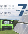 60A MPPT Solar Charge Controller with LCD and USB near solar panels, showcasing 7-point safety system.