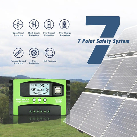 60A MPPT Solar Charge Controller with LCD and USB near solar panels, showcasing 7-point safety system.
