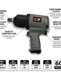M627 3 Quarter Inch Drive Heavy Duty Impact Wrench With Aluminum Housing, features labeled for auto shop and garage use
