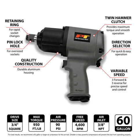M627 3 Quarter Inch Drive Heavy Duty Impact Wrench With Aluminum Housing, features labeled for auto shop and garage use