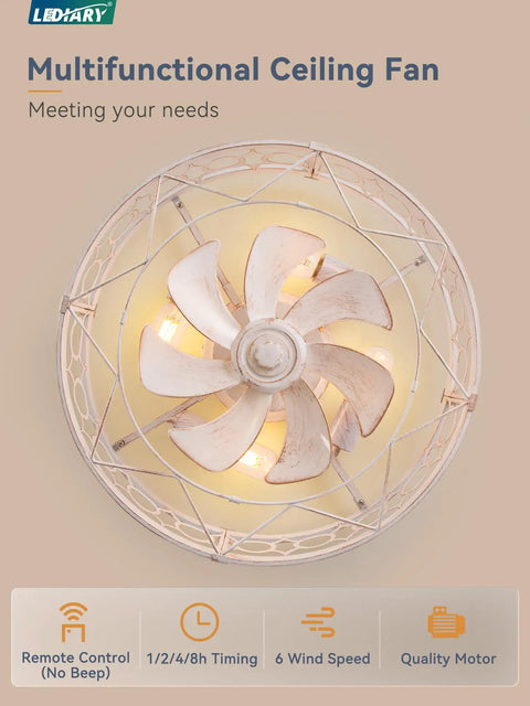 20Inch Caged Low Profile Ceiling Fan With Integrated Light And Remote Control In Refined White Gold Finish with soft light and fan blades