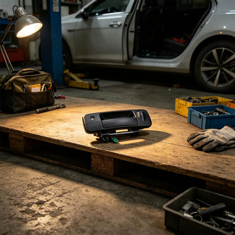 RDHFTNIHU Access Latch Component displayed on a wooden workbench in a garage, showing black plastic construction.